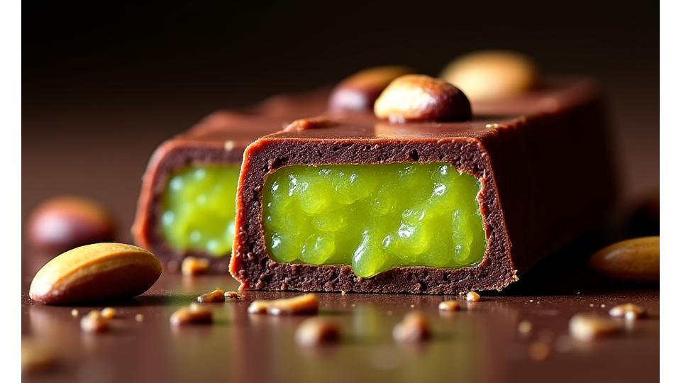 Barre de chocolat décadente avec un intérieur coulant au pistache, style Dubai Biscoff, coupée en sections.