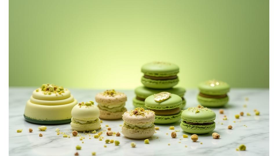 Desserts modernes à base de pistache, aux couleurs vives et textures variées.