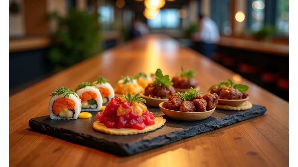 Divers plats fusion visuellement attrayants, mélangeant des influences culinaires du monde entier.