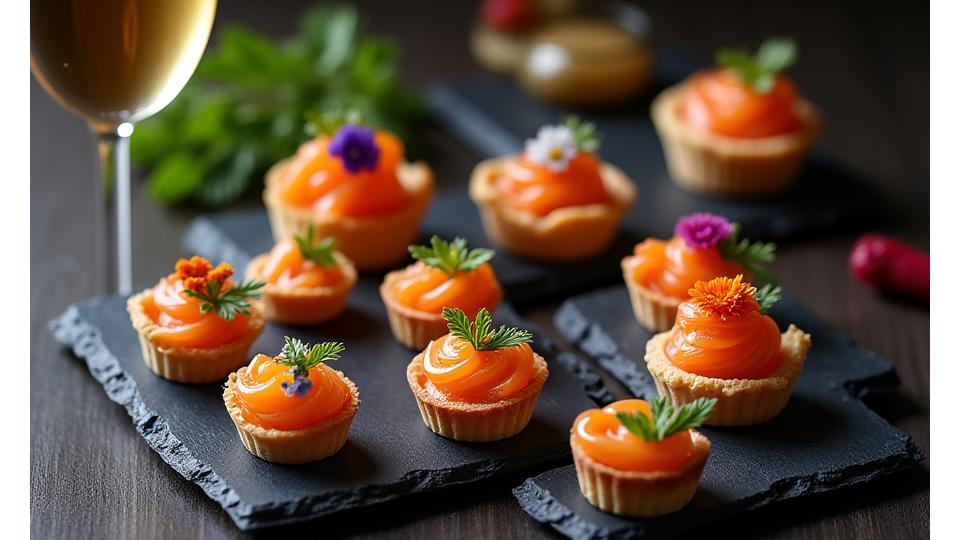 Assortiment de snacks gastronomiques élégants, parfaits pour un apéritif haut de gamme.