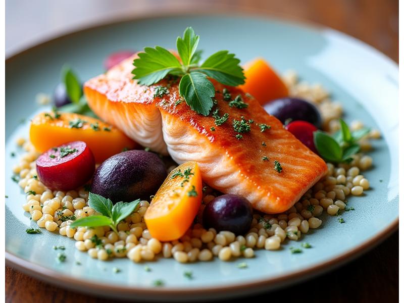 Plat gastronomique sain composé de quinoa coloré, légumes verts frais et poisson cuit à la vapeur, sur une assiette en céramique minimaliste.