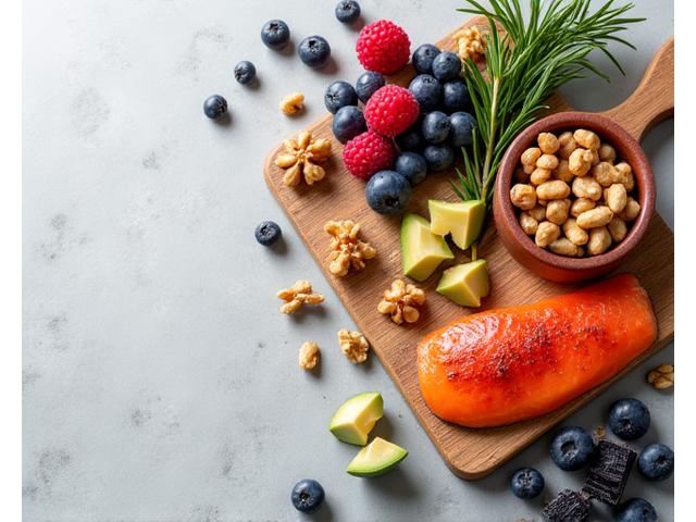 Un assortiment de 'brain foods' : baies, noix, poisson gras, avocat, et chocolat noir, présentés de manière appétissante sur une planche en bois.