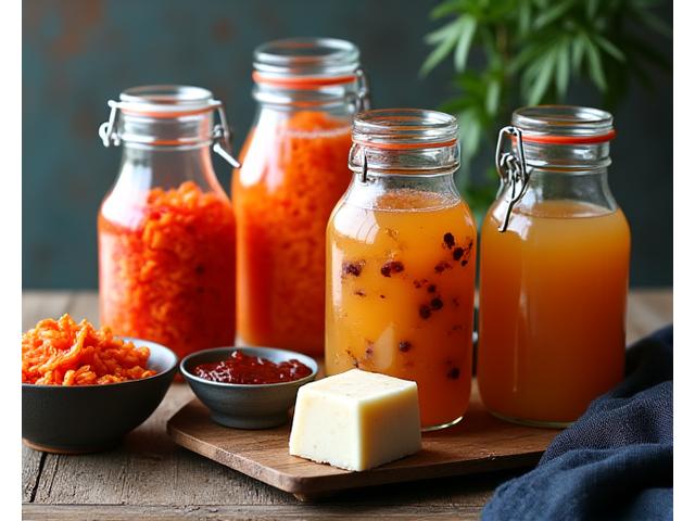 Assortiment de légumes fermentés colorés dans des bocaux en verre, kimchi, choucroute, et bouteilles de kéfir, sur une table en bois naturel.