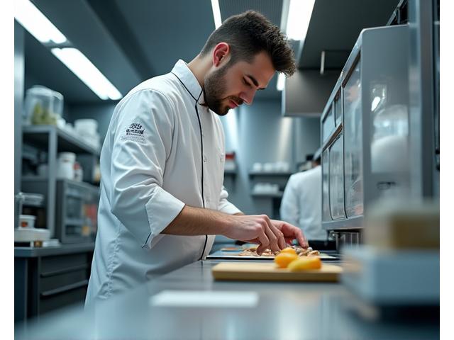 Un chef travaillant dans un laboratoire culinaire épuré, utilisant des techniques de cuisson innovantes et des ustensiles modernes, symbolisant la recherche et le développement en cuisine.