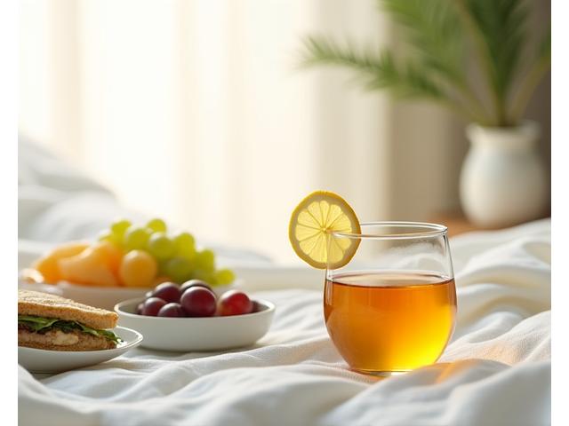 Un mélange apaisant de tisane, de fruits hydratants et de légumes légers, conçu pour la récupération du décalage horaire, dans une ambiance sereine et lumineuse.