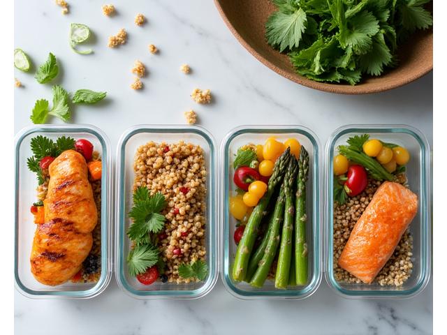 Des repas pré-préparés et emballés dans des contenants écologiques et des compartiments organisés, prêts à être livrés, sur un fond de cuisine moderne et épurée.