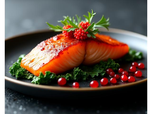 Plat de saumon riche en oméga-3 avec des légumes à feuilles foncées et des baies, accentuant les propriétés anti-âge.