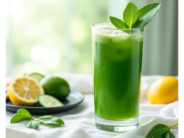 Jus vert détoxifiant pressé à froid avec gingembre, citron et épinards, accompagné de légumes frais.