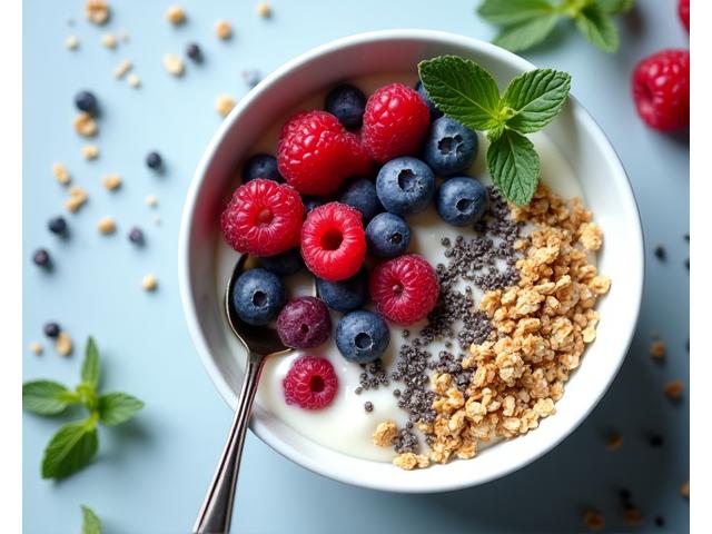 Bol de yogourt végétal avec des baies, des graines de chia et du granola, symbolisant la bonne digestion.