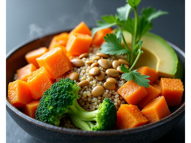 Plat énergisant riche en couleurs, avec patate douce, quinoa, avocat et légumes verts éclatants.