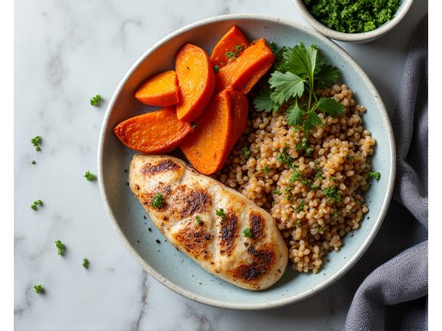 Repas post-entraînement équilibré avec du poulet grillé, des légumes rôtis et du riz brun, symbolisant la récupération physique.
