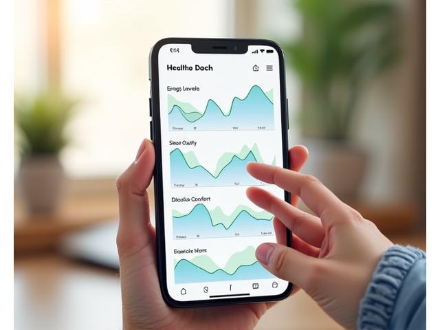Tableau de bord sur smartphone montrant des graphiques de progression de santé, avec des icônes pour l'énergie, le sommeil et la digestion, et une main interagissant avec l'écran.