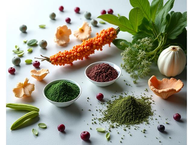 Une composition artistique de superaliments modernes : baies colorées, graines exotiques, feuilles vertes adaptogènes, et racines aux formes intrigantes.