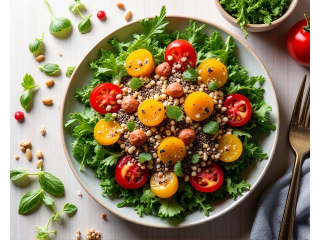 Une salade vibrante et équilibrée avec des graines, des noix et des légumes frais, mise en scène de manière artistique pour représenter la fusion du plaisir culinaire et des bienfaits pour la santé.