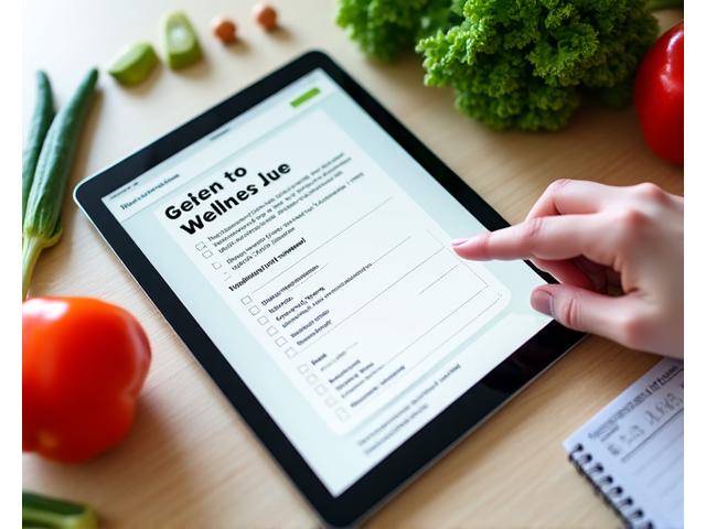 Interface d'un questionnaire interactif sur tablette, montrant des questions sur le mode de vie et les objectifs de bien-être, sur un fond de légumes frais et des mains annotant une feuille.