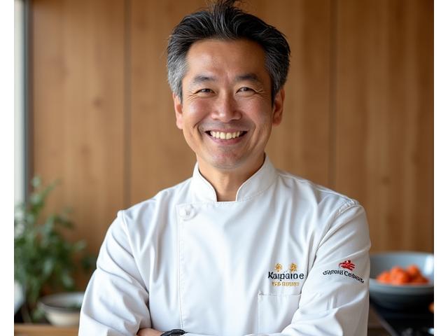 Portrait chaleureux du Chef Kenji Tanaka, spécialiste de la gastronomie japonaise, souriant devant un décor de cuisine en bois clair