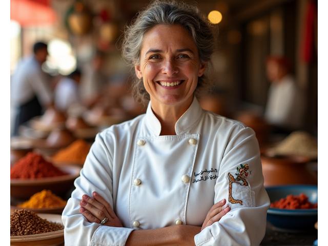 Portrait inspirant de la Chef Sofia Benali, spécialiste de la cuisine marocaine, à Marrakech avec des épices vibrantes en arrière-plan