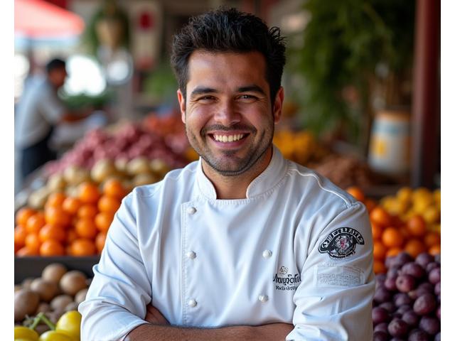 Portrait dynamique du Chef Diego Valdez, spécialiste de la cuisine péruvienne, dans une plantation de quinoa au Pérou