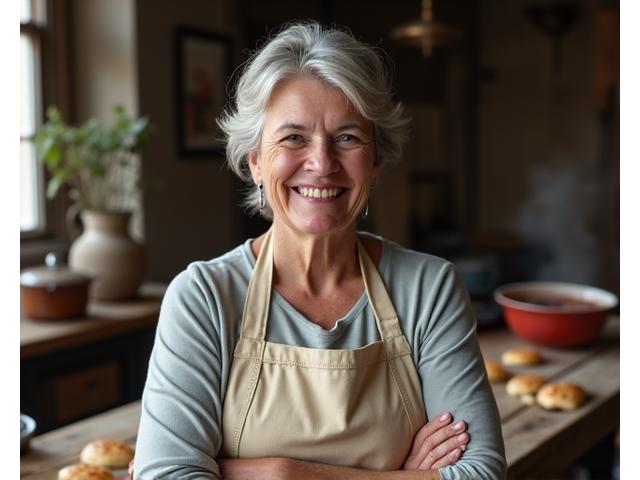 Portrait expressif du Chef Anya Petrova, spécialiste de la cuisine russe et est-européenne, préparant des Blinis en famille