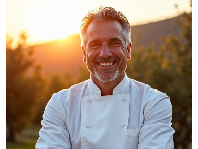 Portrait souriant du Chef Dante Ricci, spécialiste de la cuisine italienne régionale, dans une ferme d'huile d'olive en Toscane