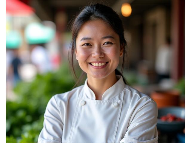 Portrait confiant du Chef Linh Tran, spécialiste de la cuisine vietnamienne de rue, souriant devant des herbes fraîches à Hanoï