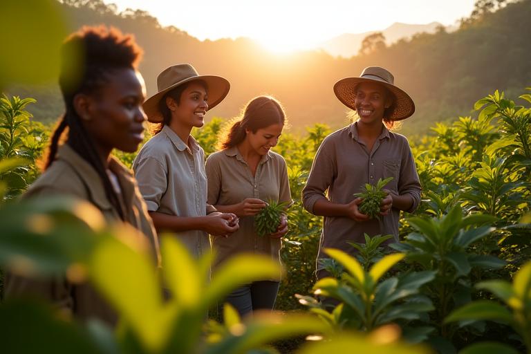 Petit groupe de voyageurs explorant un jardin d'épices luxuriant en Asie, interagissant avec les producteurs locaux souriants