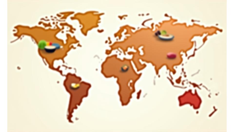 Carte du monde interactive mettant en évidence des régions culinaires spécifiques avec des icônes de plats locaux