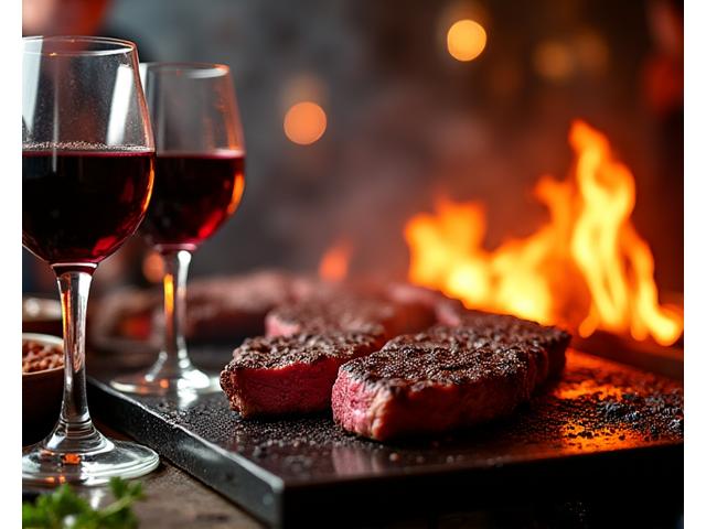 Grillades de viande argentine sur un asado traditionnel, avec verres de Malbec et musique de tango en arrière-plan
