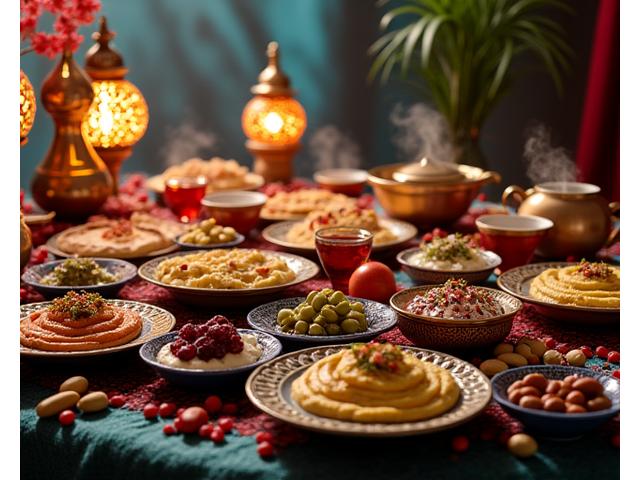 Table de mezze turc colorée avec des épices, du thé à la pomme et des lumières tamisées créant une ambiance orientale festive