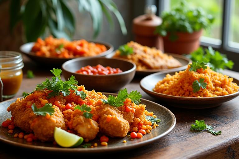 Plats créoles colorés et épicés comme le colombo de poulet et les accras, présentés sur une table en bois rustique