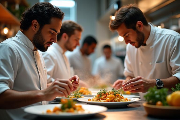 Cuisiniers professionnels créant des plats innovants dans un laboratoire culinaire moderne et immaculé, sous un éclairage doux