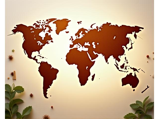 Carte du monde culinaire stylisée avec des épices et des herbes aromatiques