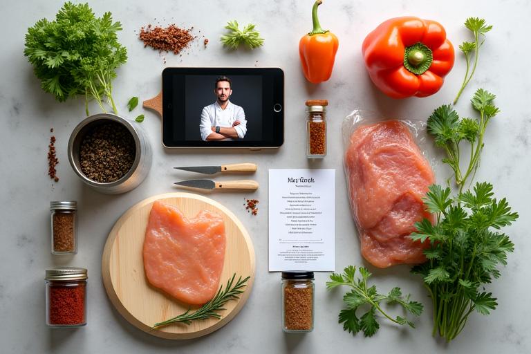 Exemple de kit de cuisine gourmet avec des ingrédients frais et des épices exotiques, joliment emballés, accompagnés d'un livret de recettes et d'une tablette diffusant un tutoriel vidéo