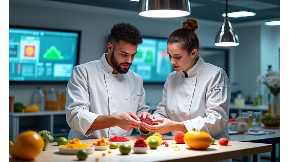 Un chef en blouse blanche et une diététicienne analysant des ingrédients exotiques dans un laboratoire de recherche alimentaire, avec des écrans affichant des données et des graphiques de tendances alimentaires.