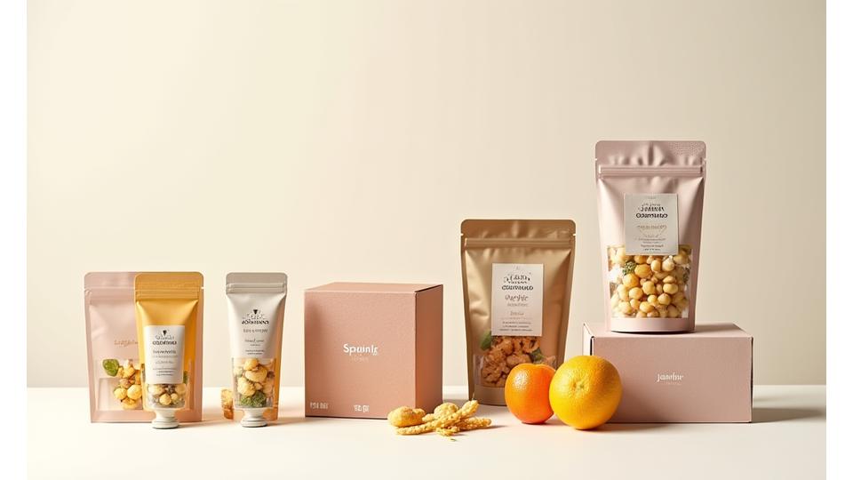 Divers snacks Jardin Gourmand présentés dans des emballages innovants : mini-tubes, sachets refermables, boîtes portionnées, tous faits de matériaux recyclables et arborent un design moderne.