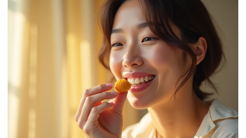 Visage souriant et détendu d'une femme dégustant un snack premium, dans un environnement lumineux et agréable, évoquant la pleine conscience.