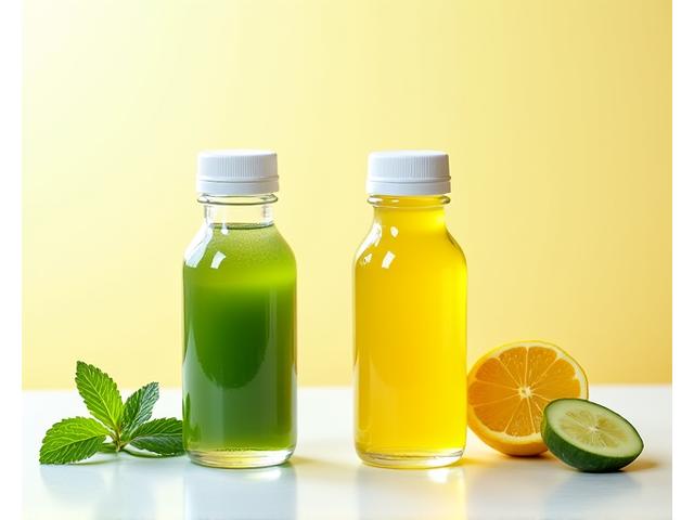 Jus verts pressés à froid et shots de gingembre-citron-curcuma dans des petites bouteilles en verre, à côté de tranches de fruits frais.