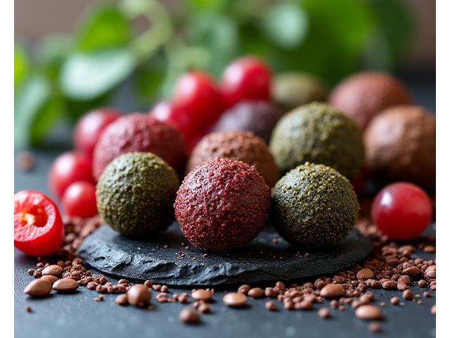 Boules d'énergie aux superfoods (graines de chia, spiruline, cacao cru) avec des fruits secs, disposées sur un fond boisé.
