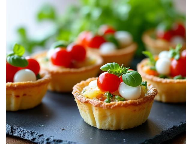 Mini-quiches aux légumes du soleil et assortiment de mini-brochettes de fromages frais et olives, présentées sur un plateau chic.