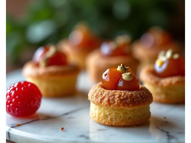 Petits fours fruités colorés et dattes fourrées à la pâte d'amande, disposés élégamment sur une table en marbre.