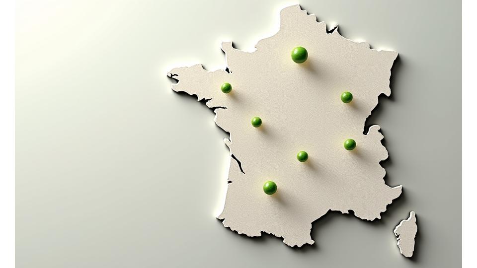 Carte stylisée de la France avec des points lumineux indiquant les emplacements de vingt-cinq producteurs locaux partenaires de Jardin Gourmand.