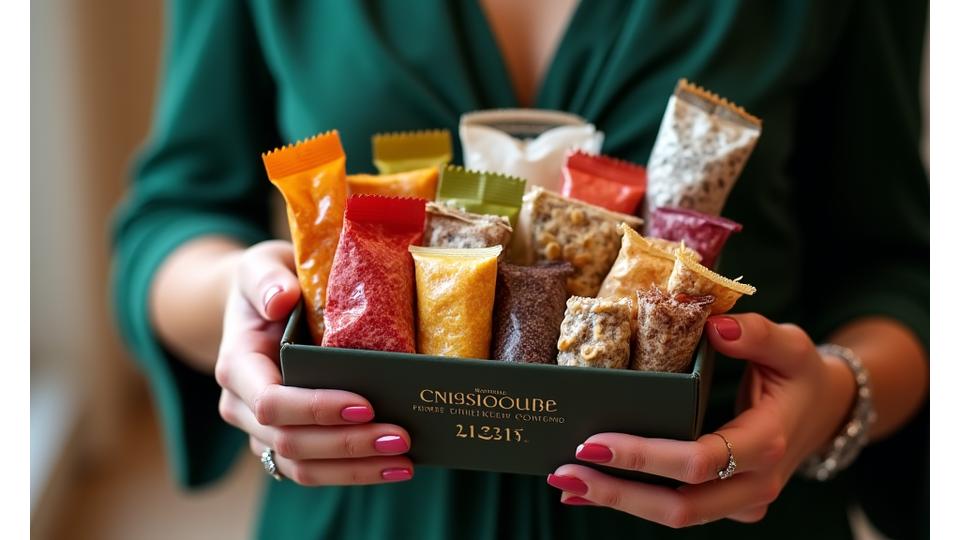 Une main élégante ouvrant une boîte d'abonnement Jardin Gourmand, révélant une variété colorée de snacks premium emballés individuellement, avec un design luxueux.