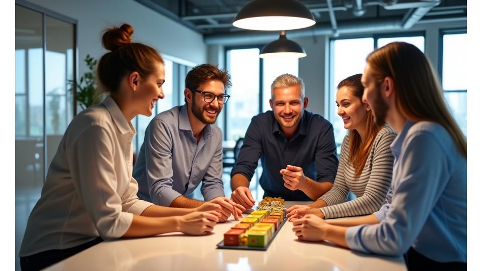 Employés souriants et énergiques autour d'un distributeur moderne rempli de snacks sains Jardin Gourmand dans un bureau lumineux et contemporain.