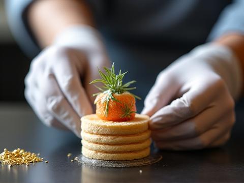 Chef pâtissier concentré, décorant minutieusement un dessert sophistiqué avec des pinces et des éléments comestibles délicats. Le plan de travail est impeccable.