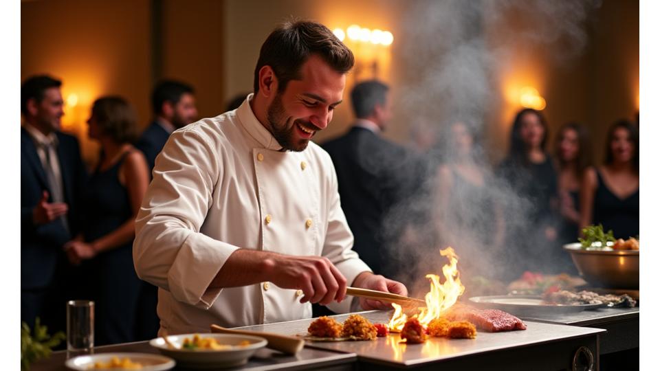 Un chef souriant, en pleine action, préparant un plat sophistiqué sur une plancha installée au centre d'un événement, sous les yeux des invités émerveillés par le spectacle culinaire.