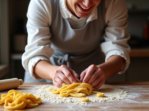 Chef italien souriant et passionné, faisant des démonstrations de pâtes fraîches maison devant une famille attentive, avec de la farine sur les mains.