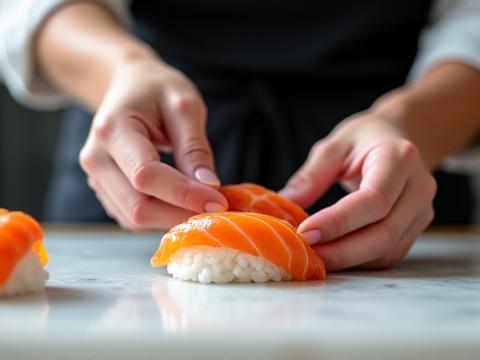 Chef expert préparant des sushis artistiques sur un comptoir immaculé lors d'un événement privé. Ses mains sont agiles et le poisson est frais.