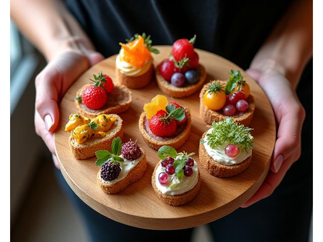 Plateau en bois de tapas gourmet et mini-verrines colorées, présentées artistiquement lors d'un cocktail chic, avec des mains élégantes prenant des bouchées. L'ambiance est lumineuse et conviviale.