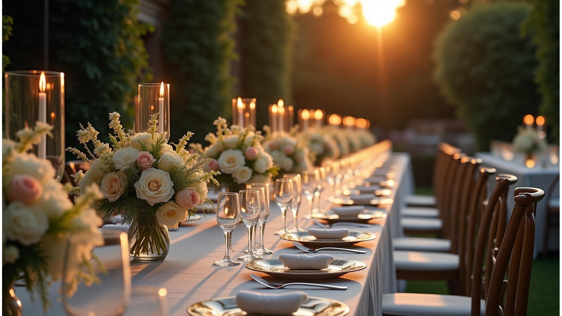 Vue aérienne d'une somptueuse réception de mariage en plein air avec des tables élégamment dressées, des chandeliers et des invités en tenue de soirée. Le décor est floral et luxuriant.