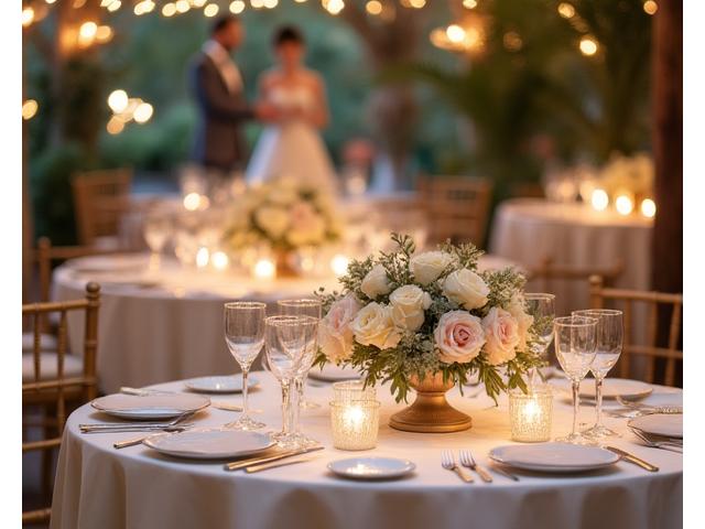 Tables rondes dressées pour un mariage avec des nappes immaculées, des centres de table floraux luxuriants et des couverts scintillants sous des lumières tamisées. On aperçoit des mariés en arrière-plan.